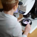 Kym Hughes using Symmetry's research grade Leica microscope to identify inclusions in a gemstone.